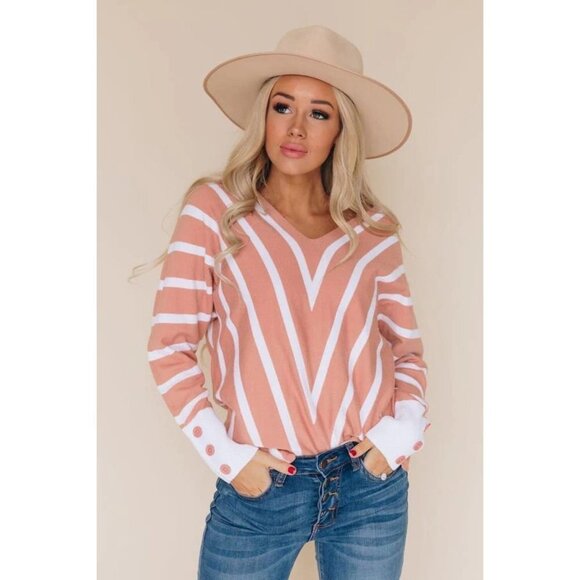 Striped Button Cuff Sweater‎ in apricot Size Large - Picture 1 of 6